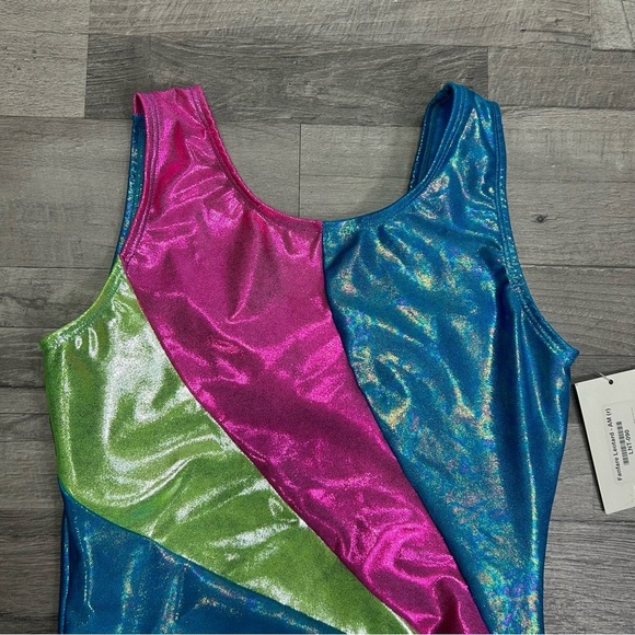 Look-It Activewear Teal Pink Green Sparkle Leotard - Picture 3 of 6